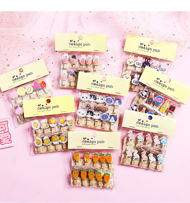 10 Pcs/Lot Creative Cartoon Animal Wooden Clip With Hemp Rope Photo Paper Clothespin Craft Clips Party Decoration Clip