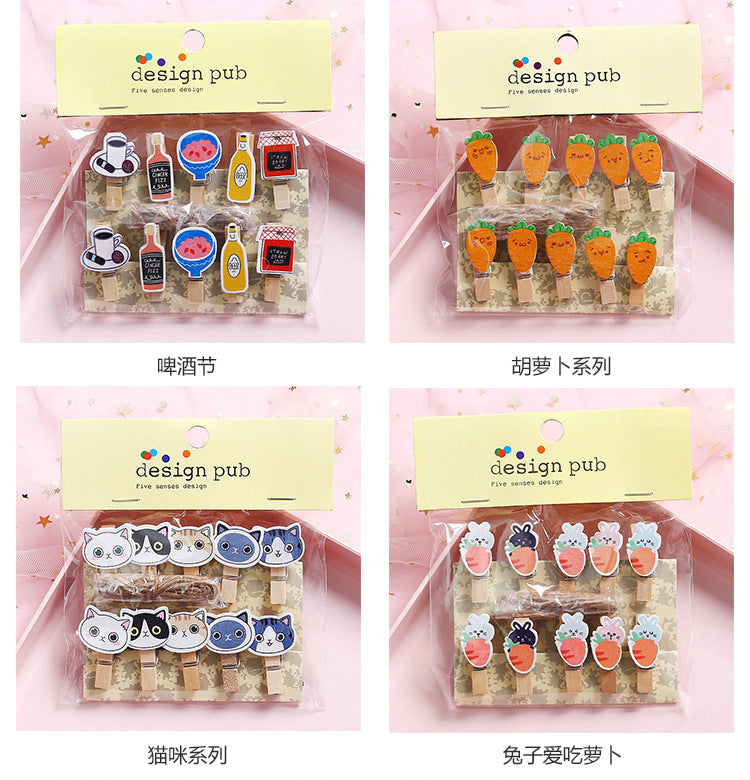 10 Pcs/Lot Creative Cartoon Animal Wooden Clip With Hemp Rope Photo Paper Clothespin Craft Clips Party Decoration Clip