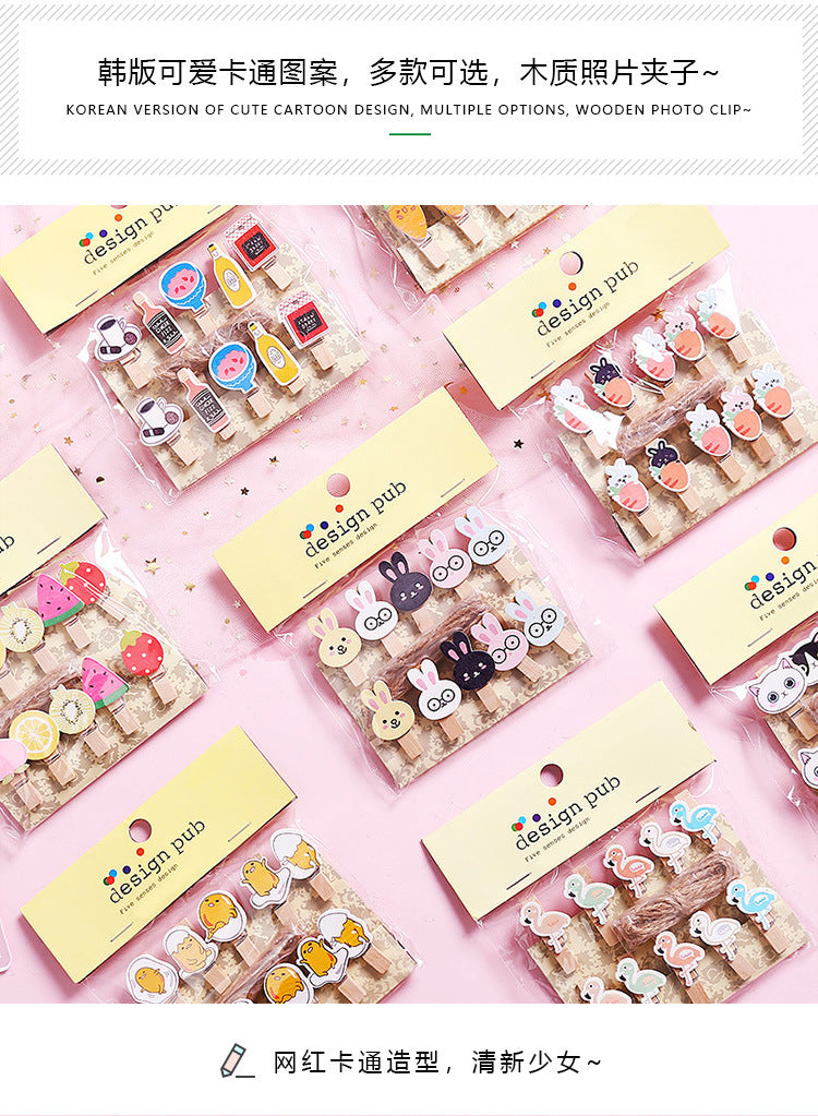 10 Pcs/Lot Creative Cartoon Animal Wooden Clip With Hemp Rope Photo Paper Clothespin Craft Clips Party Decoration Clip