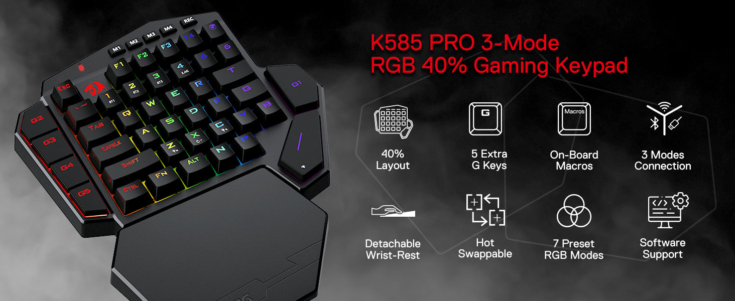 Redragon K585 PRO Wireless One-Handed Mechanical Keyboard 42 Keys 3-Mode RGB 7 Onboard Macro Keys Detachable Wrist Support
