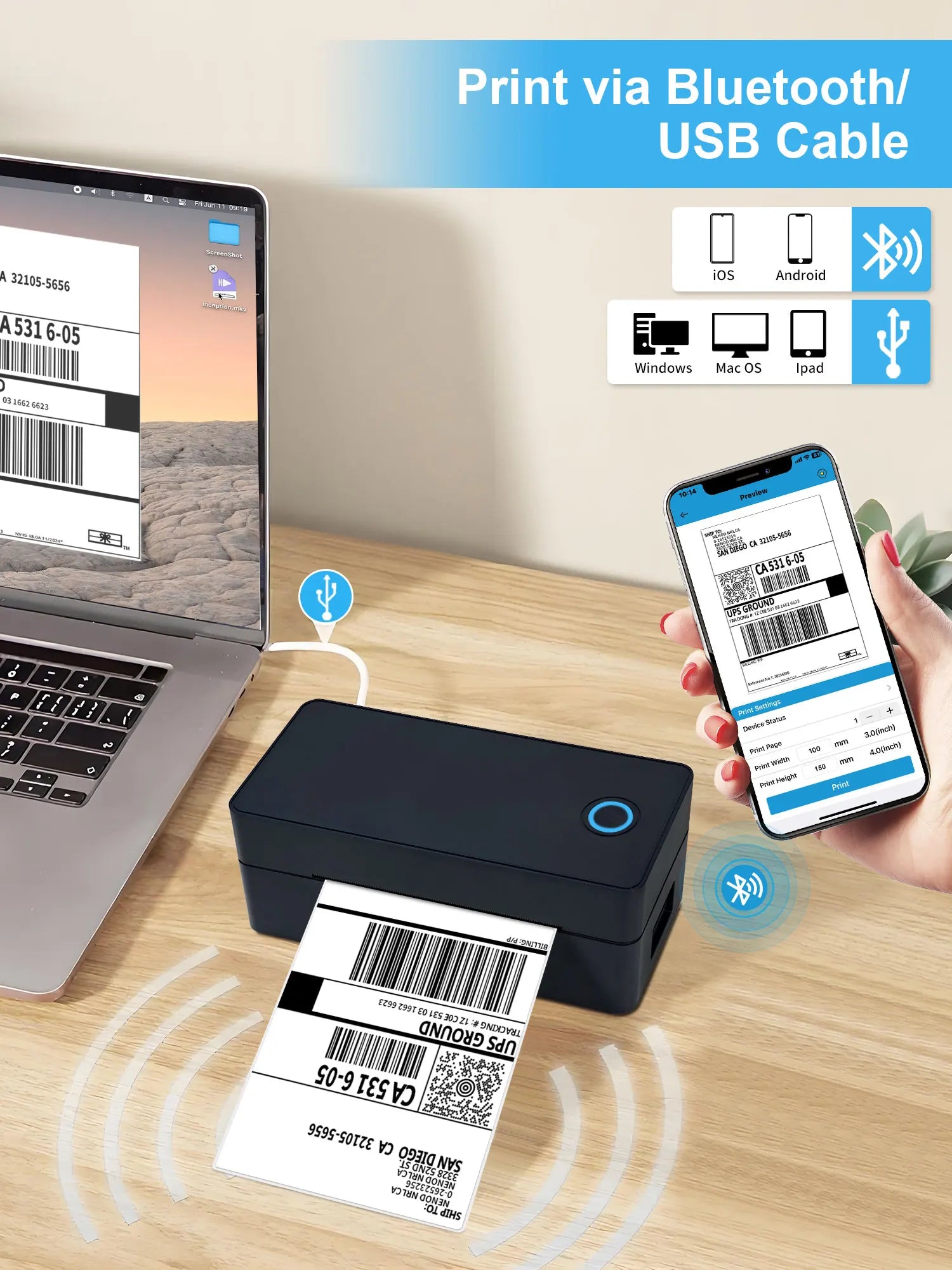 Thermal Label Printer Portable No Ink Required 203DPI 4x6 for Small Business Bluetooth USB High Speed Express Airway Bill