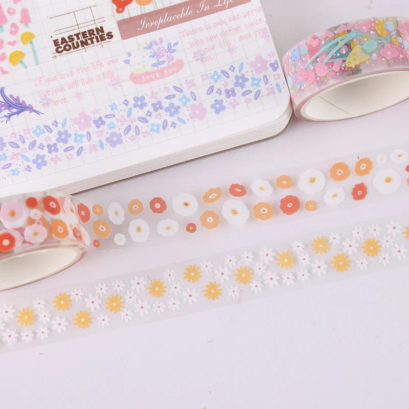 5Rolls Colorful Flowers Kawaii Transparent Sticker Tape DIY Decorative PET Material Tape Sketchbook Stickers School Supplies