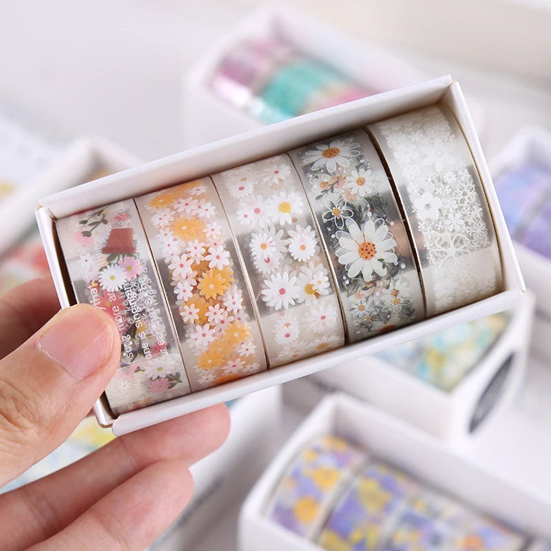 5Rolls Colorful Flowers Kawaii Transparent Sticker Tape DIY Decorative PET Material Tape Sketchbook Stickers School Supplies