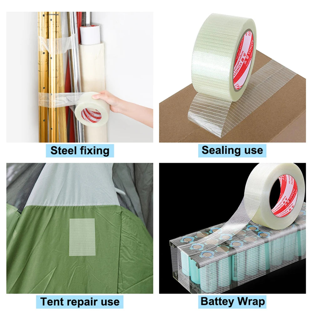Heavy-Duty Transparent Fiberglass Strapping Tape - Super Strong, Waterproof, Single-Sided Adhesive with Carton Sealing Feature