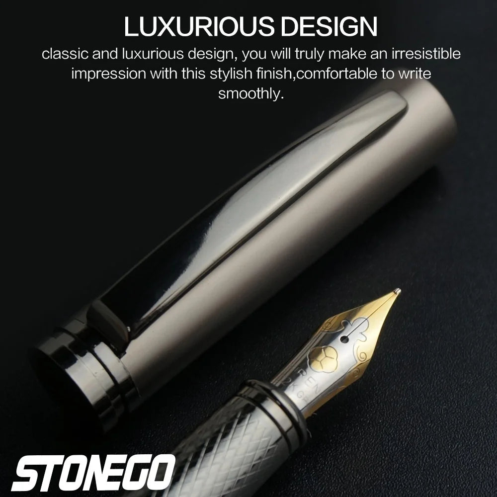 STONEGO 0.38mm Extra Fine Nib Fountain Pen, Black Metal Calligraphy Writing Gift Pen