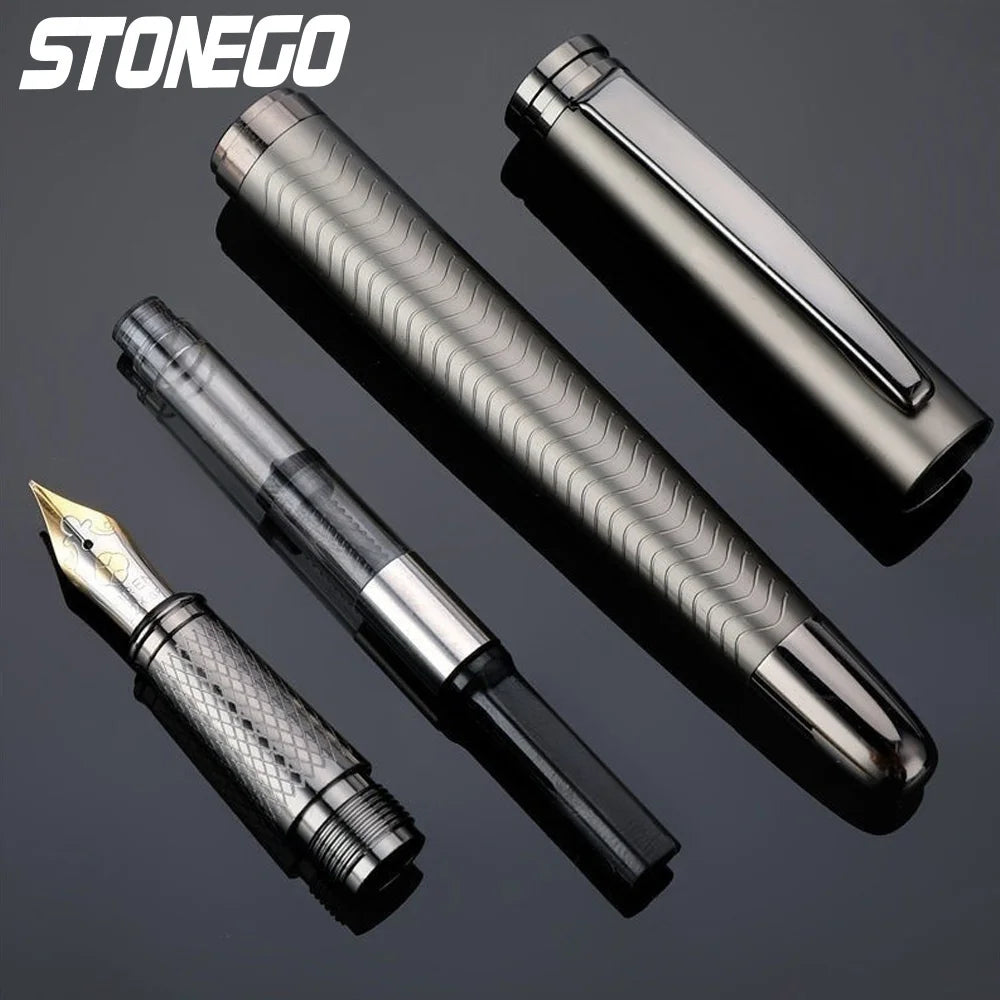 STONEGO 0.38mm Extra Fine Nib Fountain Pen, Black Metal Calligraphy Writing Gift Pen