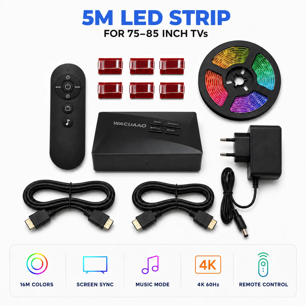 HDMI Sync TV Backlight for 40-85 Inch TVs, No App Needed Gaming Lights with Real-Time Color Matching, for Xmas Home Theater