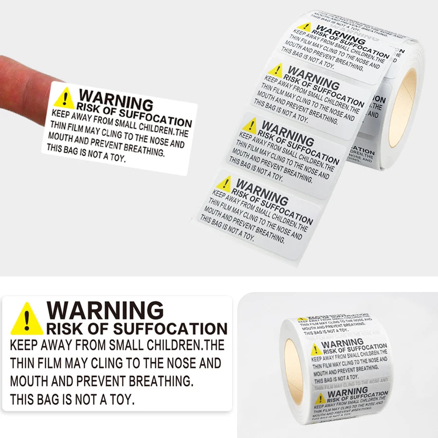 500 Pcs Suffocation Warning Labels Roll, Safety Notice Stickers for Plastic Bags, Packaging, Storage and Shipping Use
