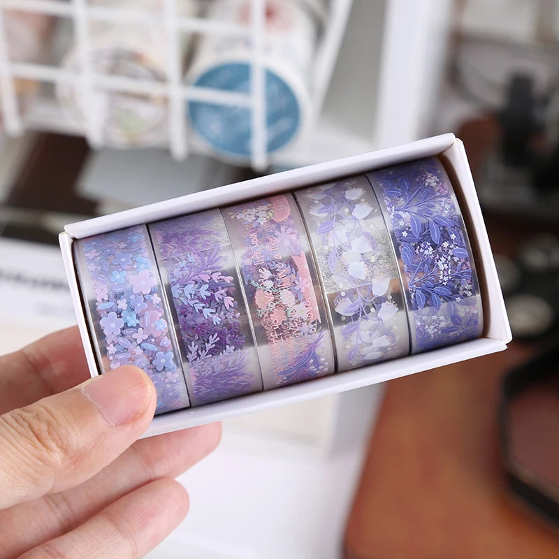 5Rolls Colorful Flowers Kawaii Transparent Sticker Tape DIY Decorative PET Material Tape Sketchbook Stickers School Supplies