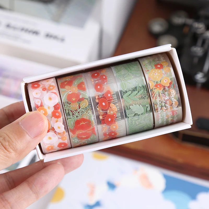 5Rolls Colorful Flowers Kawaii Transparent Sticker Tape DIY Decorative PET Material Tape Sketchbook Stickers School Supplies