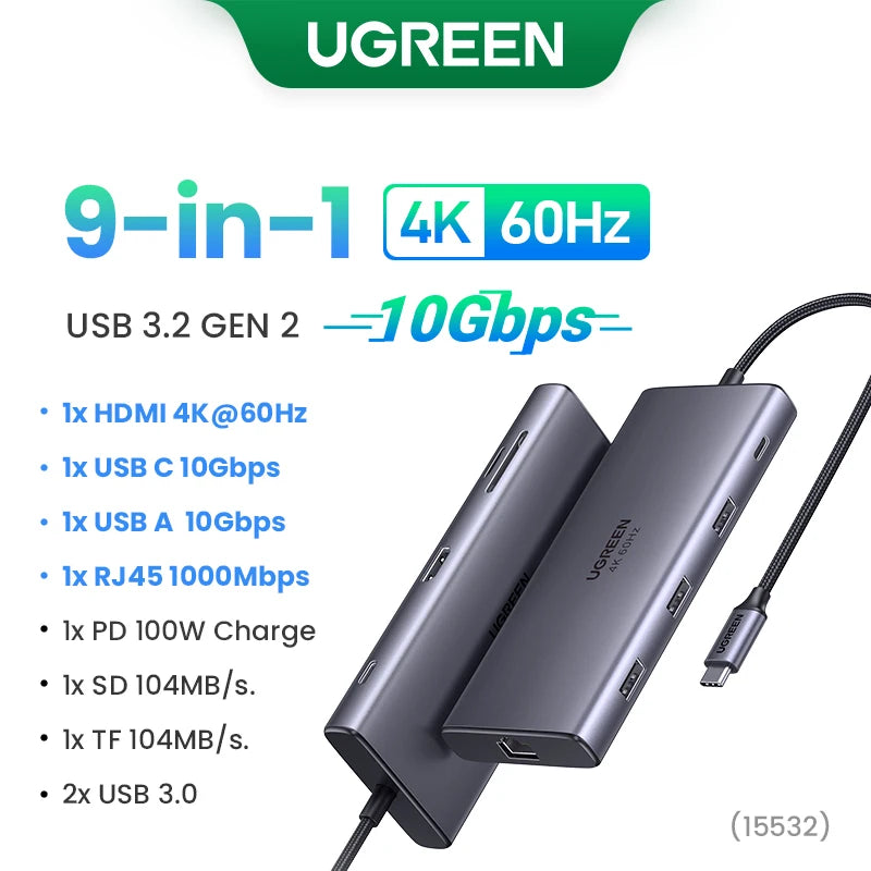 UGREEN 10Gbps USB C HUB 4K60Hz Type-C to HDMI RJ45 PD100W SD&TF USB Adapter for Macbook iPad Samsung Laptop Accessories Docking
