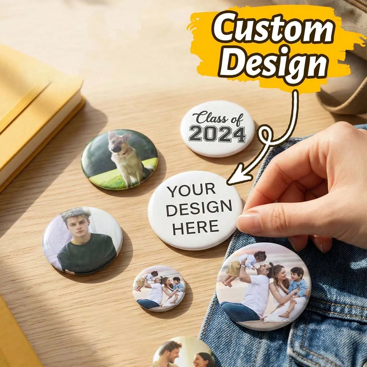 Custom badges, personalized pins, you can customize pictures/text/design, backpack button accessories.
