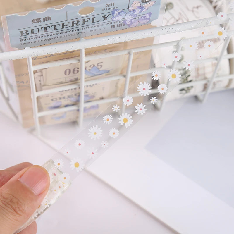 5Rolls Colorful Flowers Kawaii Transparent Sticker Tape DIY Decorative PET Material Tape Sketchbook Stickers School Supplies