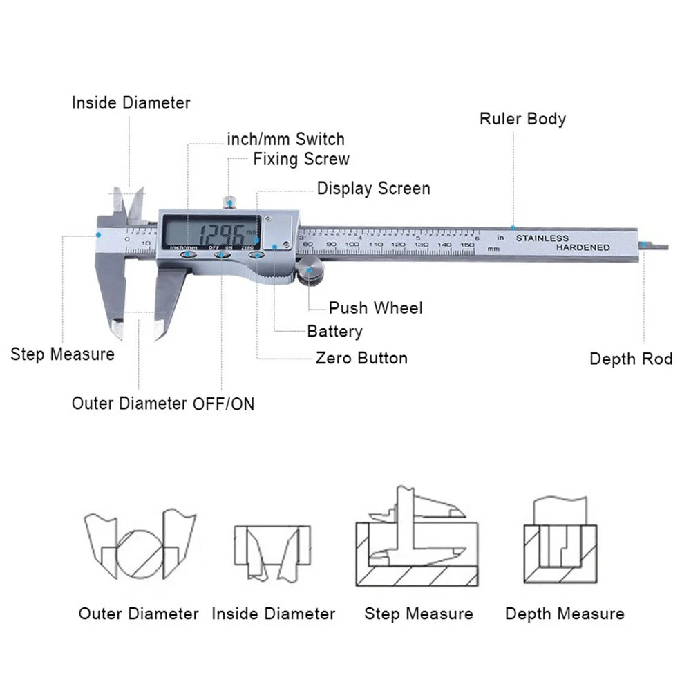 STONEGO Electronic Digital Display Vernier Caliper Inch/Metric Conversion 6Inch 0-150mm Full-Screen Caliper Measurement Tool