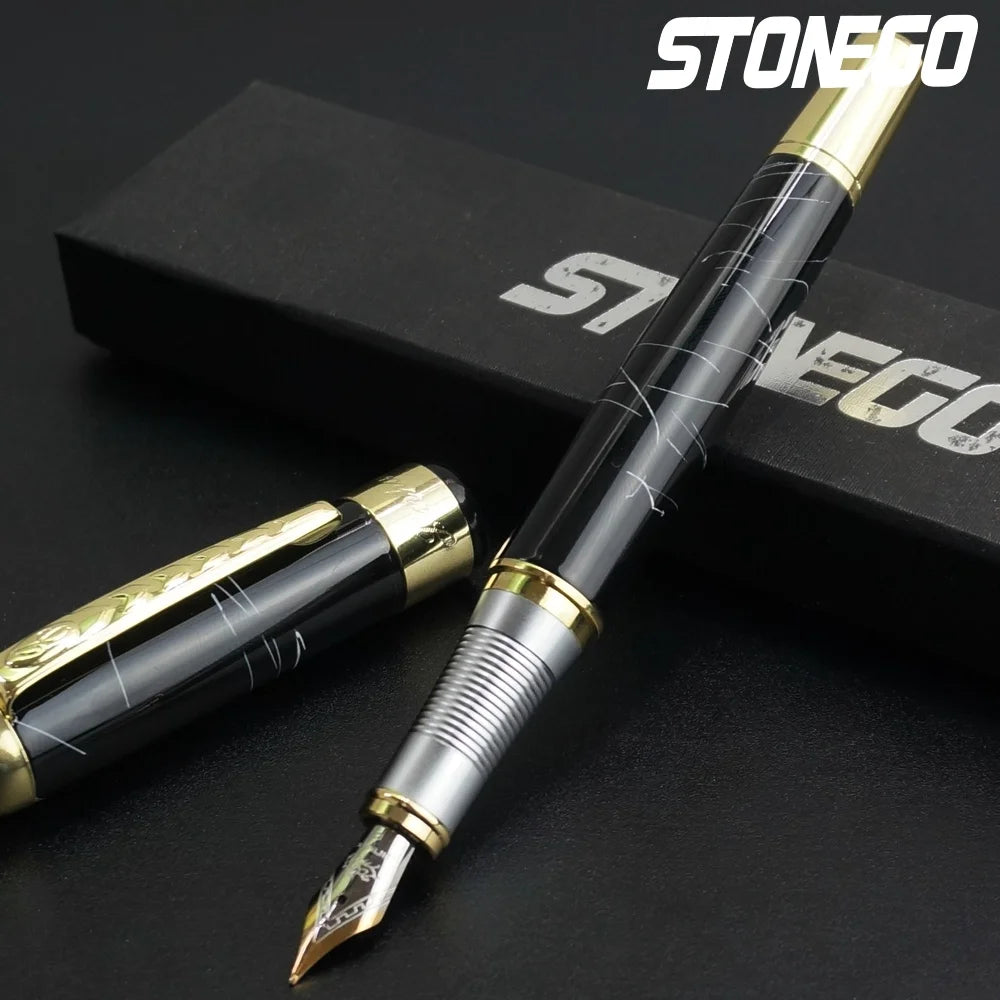 STONEGO 0.38mm Extra Fine Nib Fountain Pen, Black Metal Calligraphy Writing Gift Pen