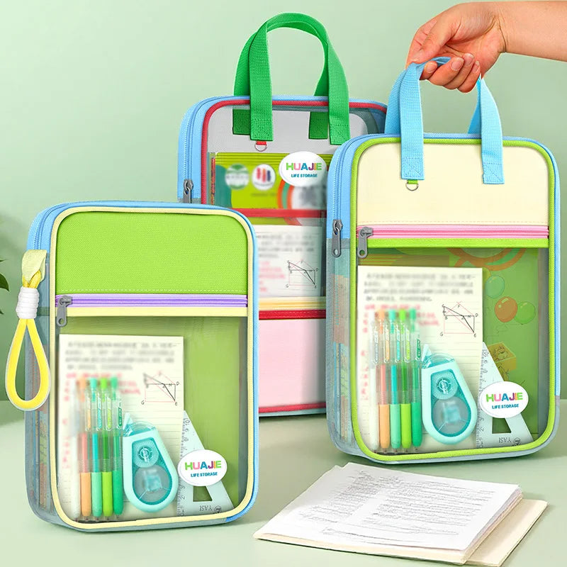HUAJIE Student Handheld File Bag, Dopamine Color Tote, L-Shaped Zipper Mesh Folder, Exam Paper Storage and Subject Organizer