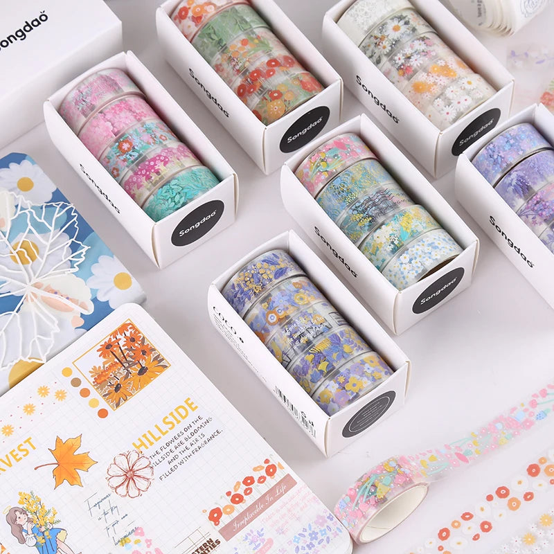 5Rolls Colorful Flowers Kawaii Transparent Sticker Tape DIY Decorative PET Material Tape Sketchbook Stickers School Supplies