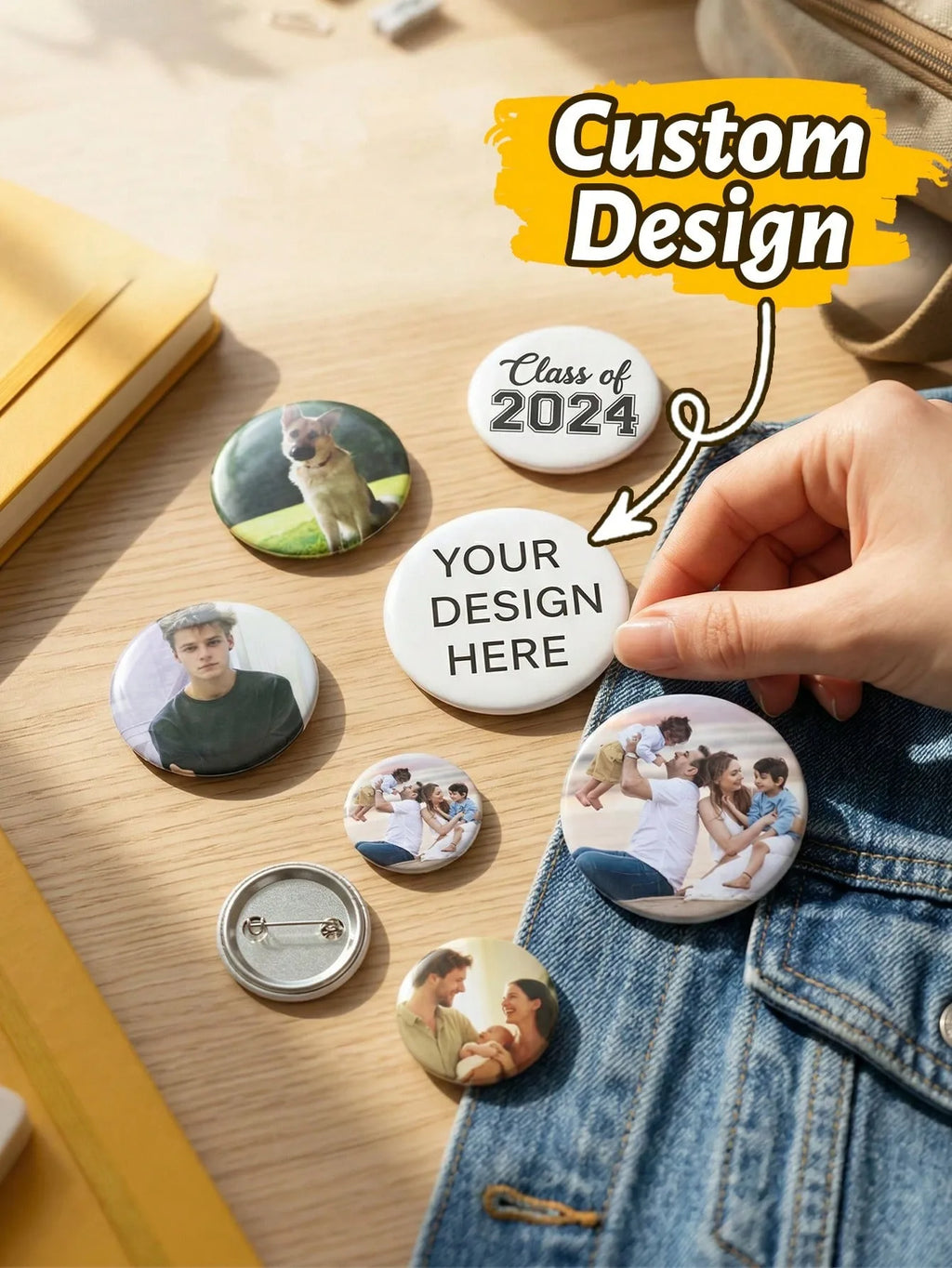 Custom badges, personalized pins, you can customize pictures/text/design, backpack button accessories.