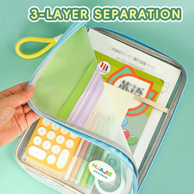 HUAJIE Student Handheld File Bag, Dopamine Color Tote, L-Shaped Zipper Mesh Folder, Exam Paper Storage and Subject Organizer