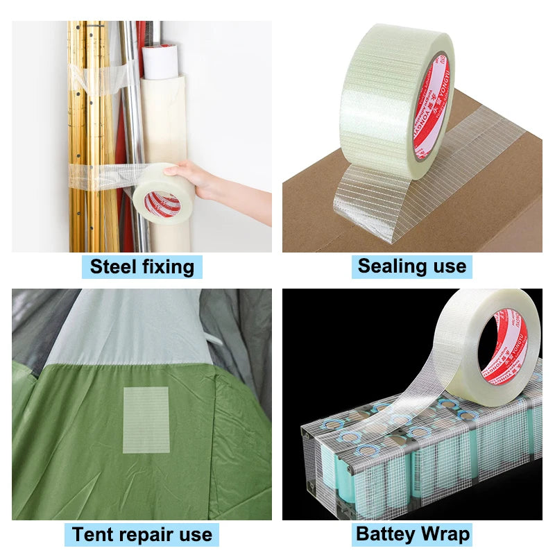 Heavy-Duty Transparent Fiberglass Strapping Tape - Super Strong, Waterproof, Single-Sided Adhesive with Carton Sealing Feature