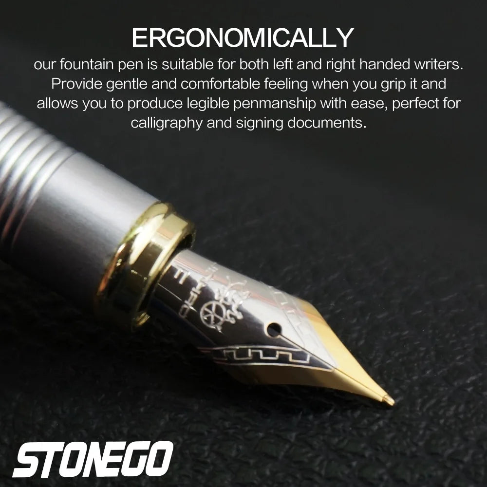STONEGO 0.38mm Extra Fine Nib Fountain Pen, Black Metal Calligraphy Writing Gift Pen