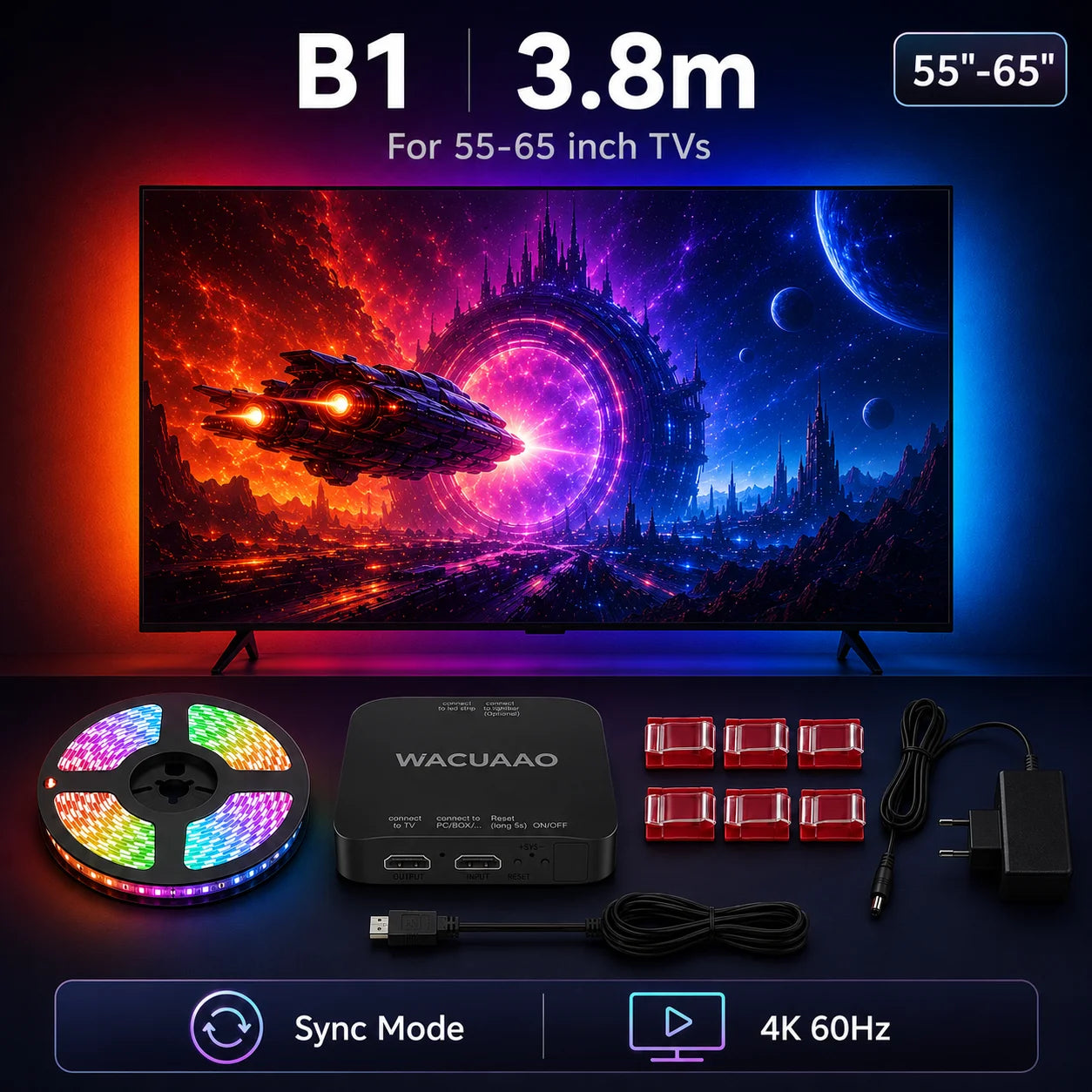 HDMI Sync TV Backlight for 40-85 Inch TVs, No App Needed Gaming Lights with Real-Time Color Matching, for Xmas Home Theater