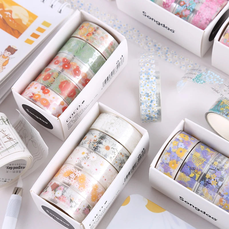 5Rolls Colorful Flowers Kawaii Transparent Sticker Tape DIY Decorative PET Material Tape Sketchbook Stickers School Supplies