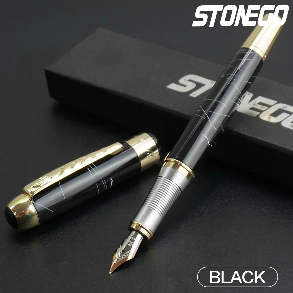 STONEGO 0.38mm Extra Fine Nib Fountain Pen, Black Metal Calligraphy Writing Gift Pen