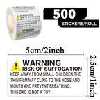 500 Pcs Suffocation Warning Labels Roll, Safety Notice Stickers for Plastic Bags, Packaging, Storage and Shipping Use