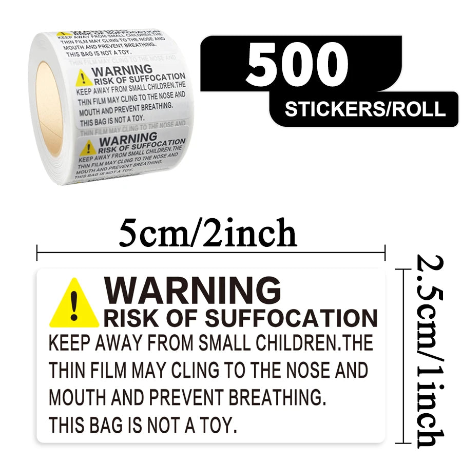 500 Pcs Suffocation Warning Labels Roll, Safety Notice Stickers for Plastic Bags, Packaging, Storage and Shipping Use