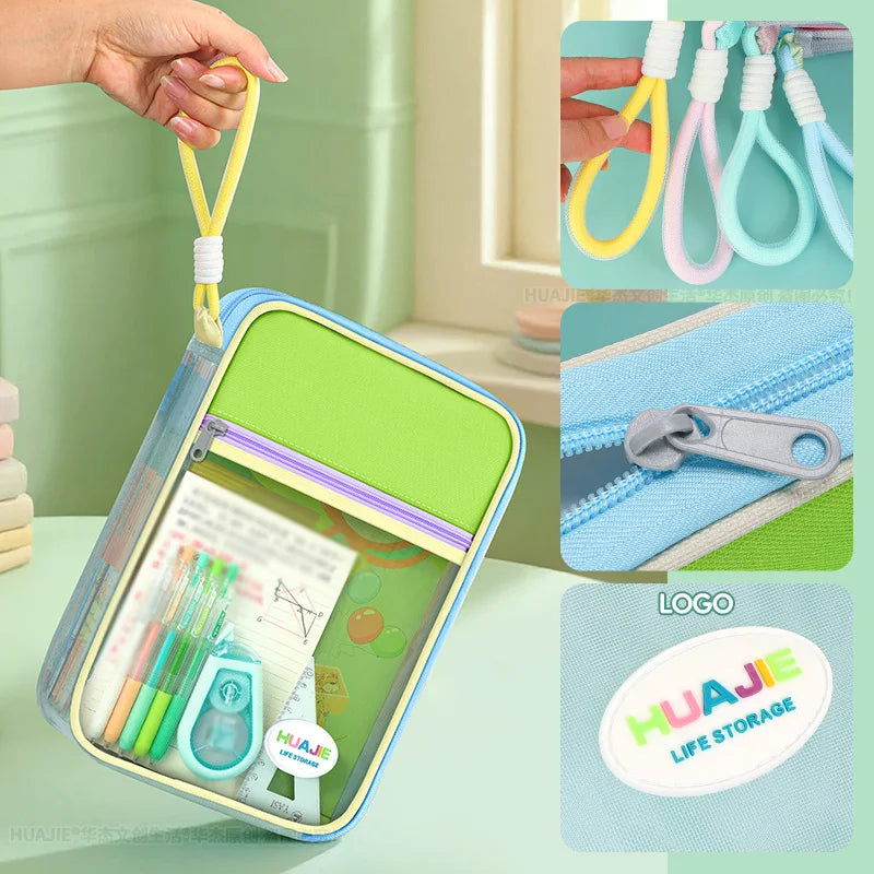 HUAJIE Student Handheld File Bag, Dopamine Color Tote, L-Shaped Zipper Mesh Folder, Exam Paper Storage and Subject Organizer