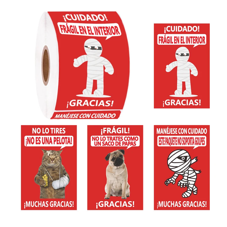 200 PCS Spanish Funny Fragile Stickers - 4 Designs - 3x2 Inch Adhesive Labels for Shipping, Moving, Glass, Boxes