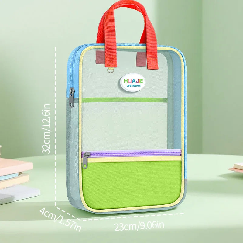 HUAJIE Student Handheld File Bag, Dopamine Color Tote, L-Shaped Zipper Mesh Folder, Exam Paper Storage and Subject Organizer