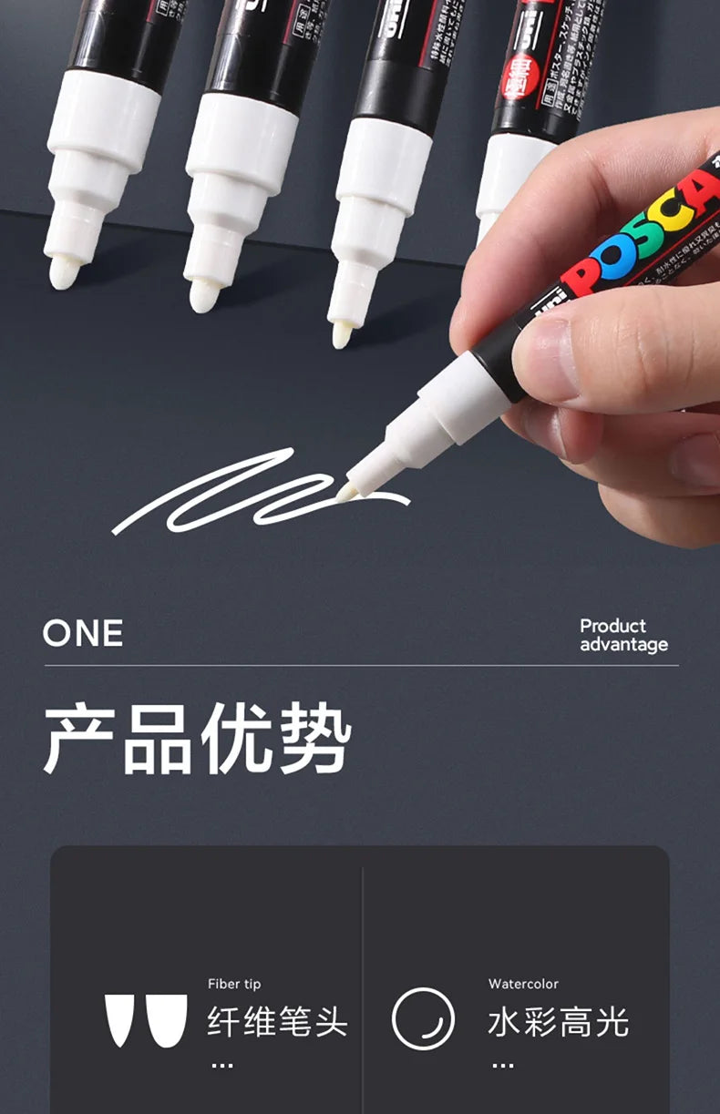 Posca White Marker Brush, Permanent Waterproof Non-fading High Gloss Mark Pens-Rock Art/Fabric Paint/Shoe Graffiti/Poster Making
