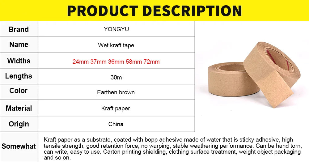 Wet Water Kraft Paper Tape Painter Rubber Paper for Picture Framing Secure Packing Brown Kraft Gum Tape