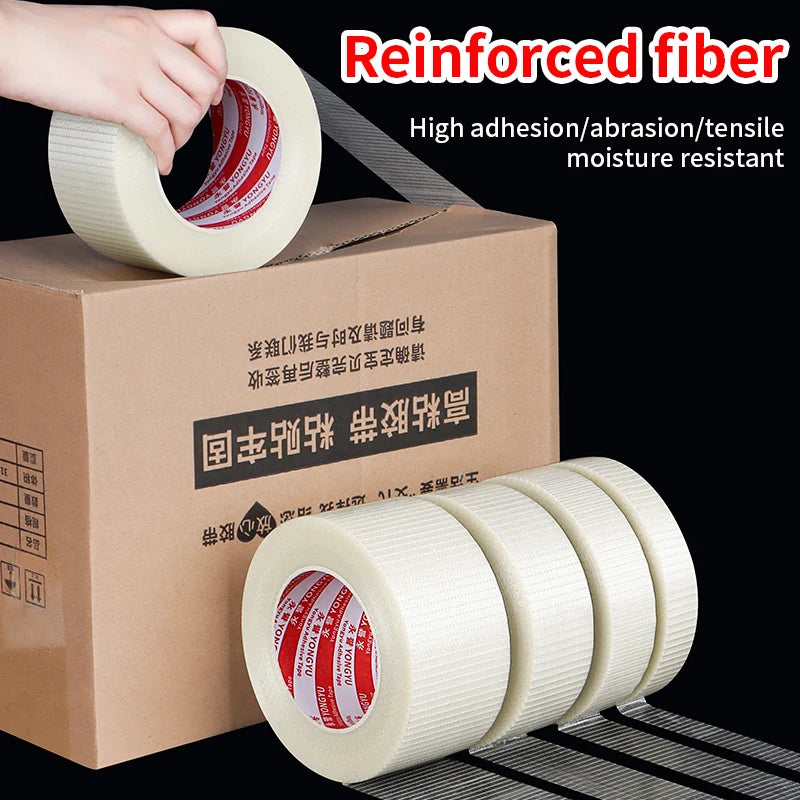 Heavy-Duty Transparent Fiberglass Strapping Tape - Super Strong, Waterproof, Single-Sided Adhesive with Carton Sealing Feature