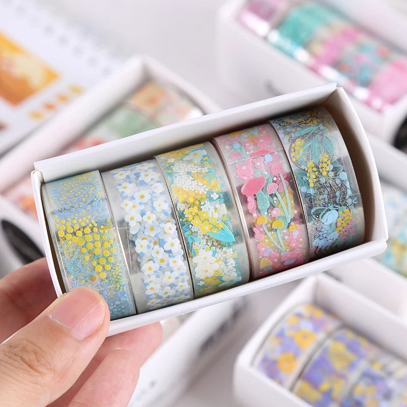 5Rolls Colorful Flowers Kawaii Transparent Sticker Tape DIY Decorative PET Material Tape Sketchbook Stickers School Supplies
