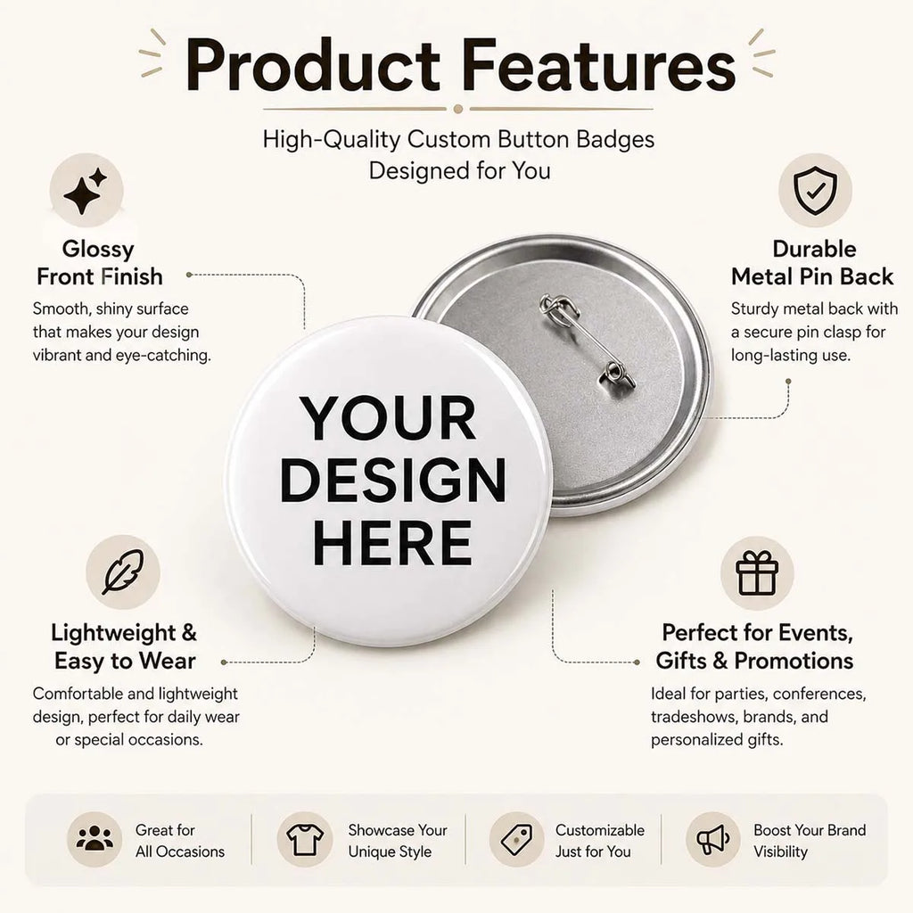 Personalized 58mm Button Badge, Custom Pin Badge with Unique Artwork, Photo and Text Design, Round Badge for Parties