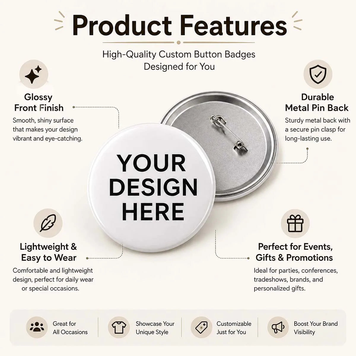 Personalized 58mm Button Badge, Custom Pin Badge with Unique Artwork, Photo and Text Design, Round Badge for Parties