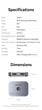 Vention 8K HDMI Splitter 4K144Hz 2 In 1 Out for TV Xiaomi Xbox SeriesX PS5 HDMI Cable Monitor Projector HDMI 2.1 Switch Switcher