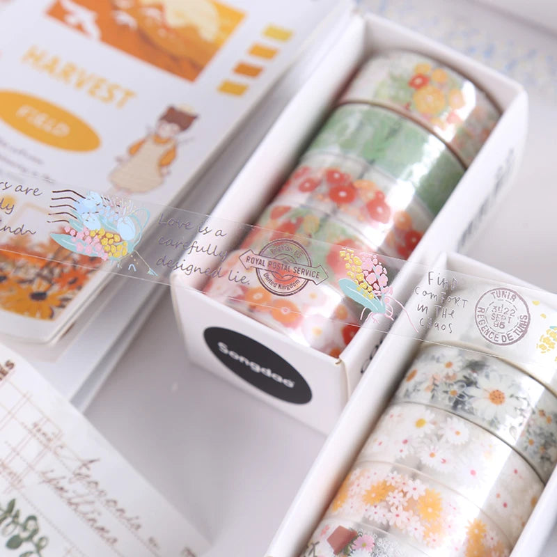 5Rolls Colorful Flowers Kawaii Transparent Sticker Tape DIY Decorative PET Material Tape Sketchbook Stickers School Supplies