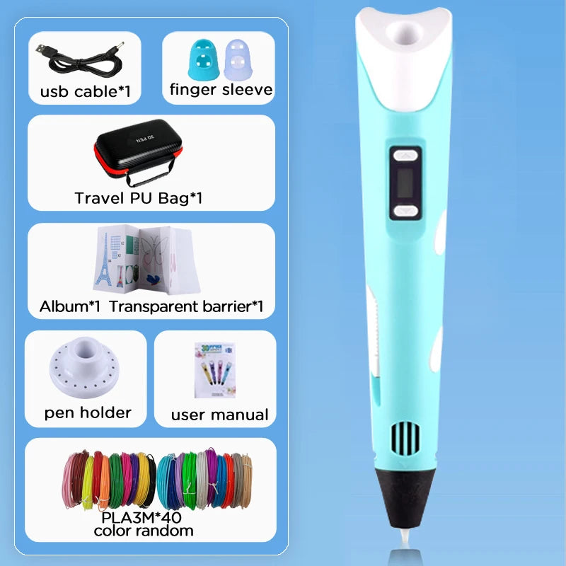 3D Pen With LCD Screen Compatible PLA Filament Toys 3D Drawing Printing Pen for Children DIY Christmas Birthday Gift