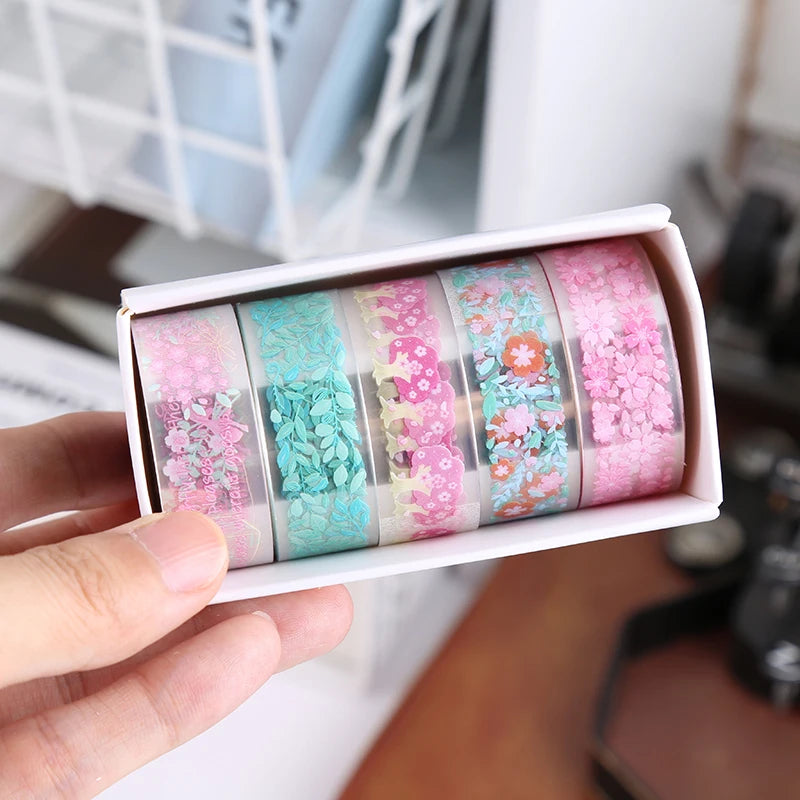 5Rolls Colorful Flowers Kawaii Transparent Sticker Tape DIY Decorative PET Material Tape Sketchbook Stickers School Supplies