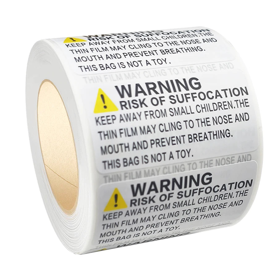 500 Pcs Suffocation Warning Labels Roll, Safety Notice Stickers for Plastic Bags, Packaging, Storage and Shipping Use
