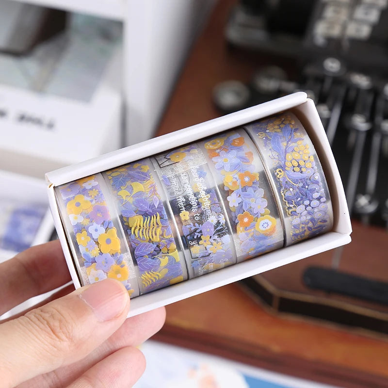 5Rolls Colorful Flowers Kawaii Transparent Sticker Tape DIY Decorative PET Material Tape Sketchbook Stickers School Supplies
