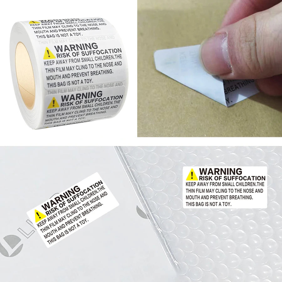 500 Pcs Suffocation Warning Labels Roll, Safety Notice Stickers for Plastic Bags, Packaging, Storage and Shipping Use