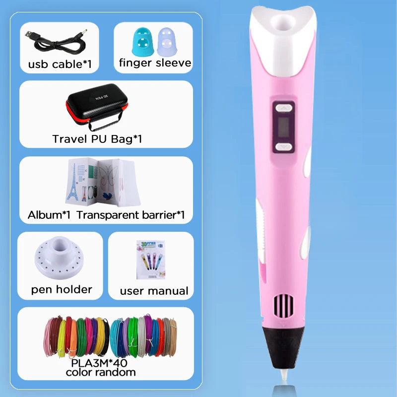 3D Pen With LCD Screen Compatible PLA Filament Toys 3D Drawing Printing Pen for Children DIY Christmas Birthday Gift