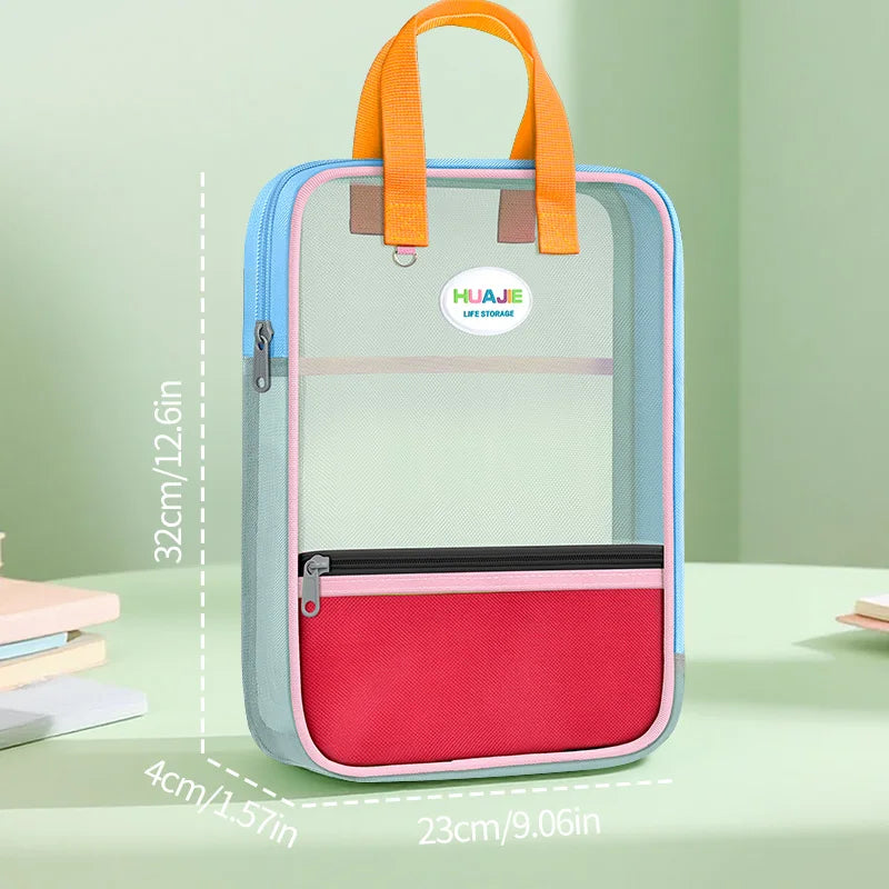 HUAJIE Student Handheld File Bag, Dopamine Color Tote, L-Shaped Zipper Mesh Folder, Exam Paper Storage and Subject Organizer