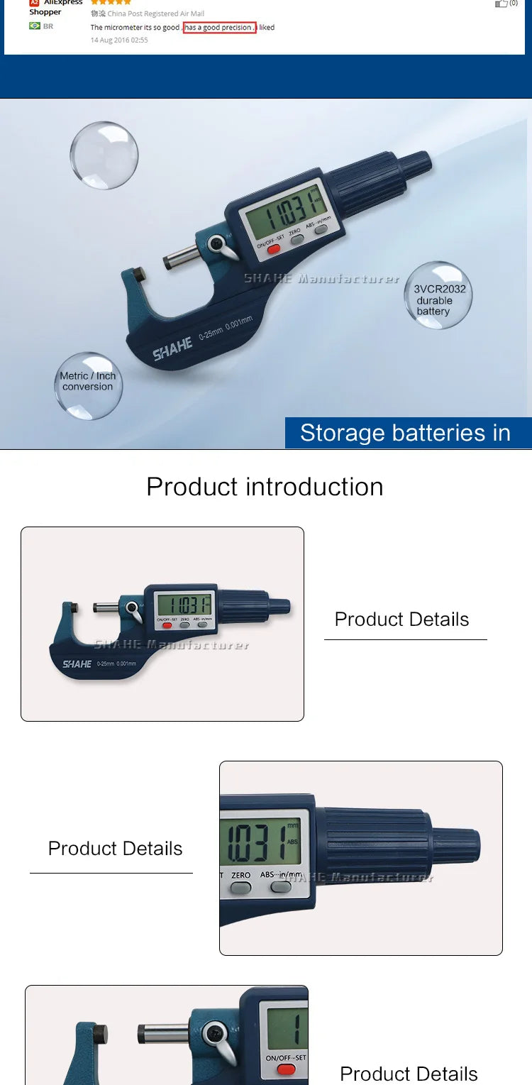 0.001 MM Electronic Outside Micrometer 0-25 MM With Extra Large LCD Screen Digital Micrometer Electronic Digital Caliper Gauge