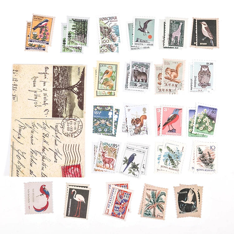 Yoofun 46pcs/pack Vintage Stickers Postage Stamp Sticker Retro Museum Flower Plants Castle Label for Scrapbooking Journal DIY